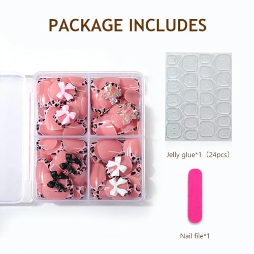 Medium Style Short Square Leopard Fake Nails Set with Bow Charms - Pink