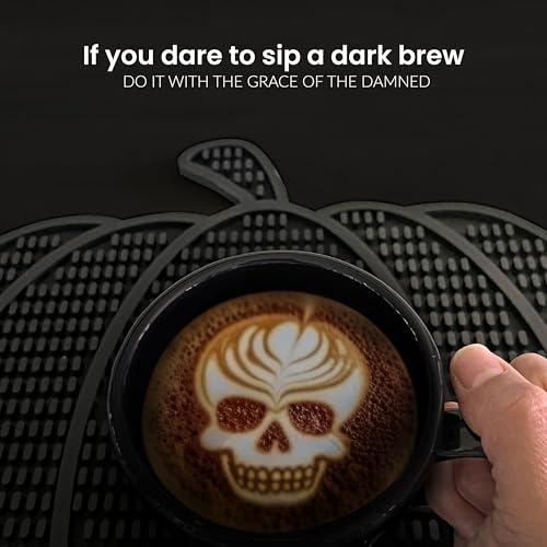 Pumpkin Shaped Coffee Bar Mat - Gothic Halloween Black Rubber Drink Coaster