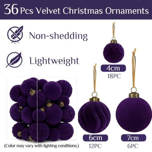 Velvet Christmas Ornaments Set 36PCS Flocked Holiday Decorations - Purple, Shatterproof