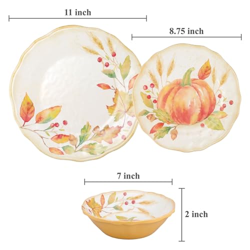 Harvest Pumpkin 12-Piece Melamine Dinnerware Set - Outdoor Plates & Bowls for Autumn Thanksgiving, Service for 4