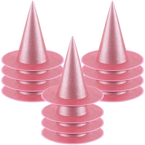 Pink Halloween Witch Hat Decorations - 12 Glitter Hanging Witch Hats with Ropes