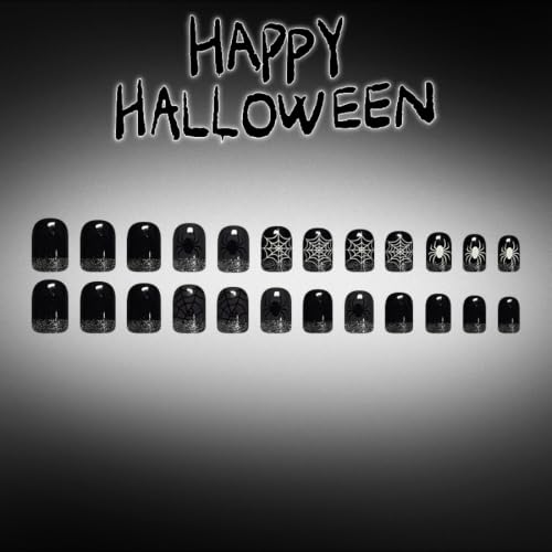 Halloween Press On Nails Short Square Black Nails with Spider Web Design & Glitter Tips - Reusable Fall Holiday Manicure 24Pcs - Color31