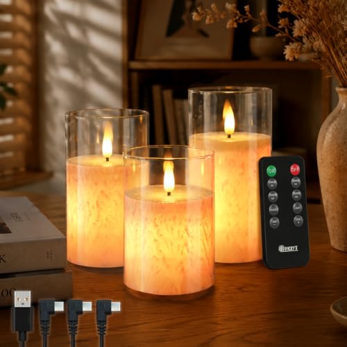 Rechargeable Flameless Candle Set - Frosted White Glass with Remote & Timer, Flickering LED Pillar Candles, Sanded Glass White Variation