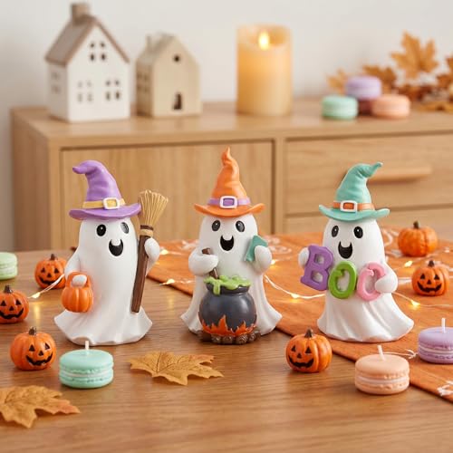 Pastel Halloween Ghost Decorations Set - 3 Resin Figurines for Home & Tabletop Spooky Decor