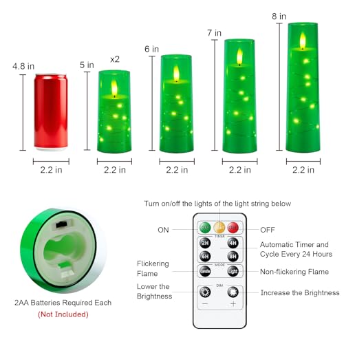 5pcs Green Flameless Battery Operated Candles with Remote Timer & Fairy Lights