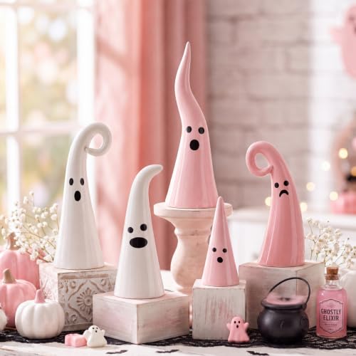 Pink Halloween Ceramic Ghost Decor Set - Witch Hat Shape, 5 Pieces