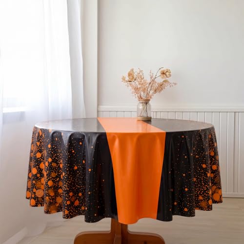 6 Pcs Black and Orange Round Plastic Tablecloths - 84 Inch Disposable Party Cover
