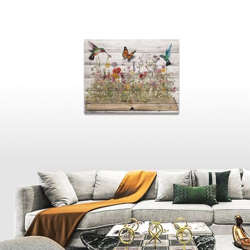 Rustic Hummingbird Wall Art Canvas Print - Farmhouse Flower Butterfly Decor, 16x12 Inches - Hummingbird Flowers Variation