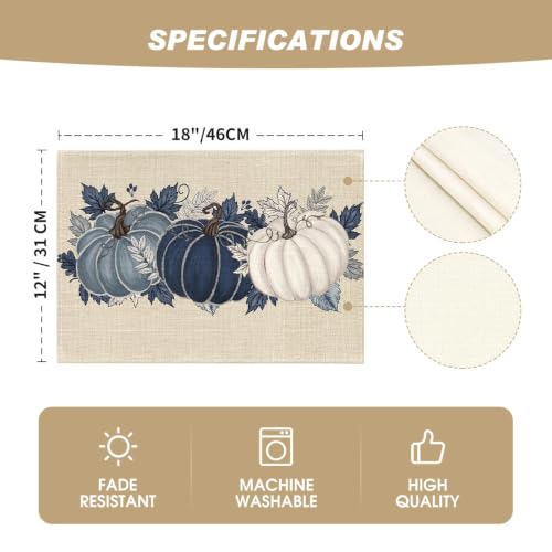 Navy Blue Pumpkin Fall Placemats Set of 4 - 12 x 18 Inches, Rectangular