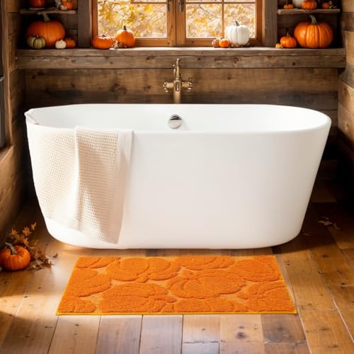Fall Pumpkin Bath Mat 20x32 Inches - Harvest Orange Bathroom Rug with Anti-Slip Backing, Rectangular