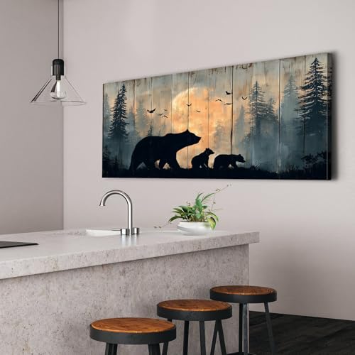 48 Inch Rustic Bear Wall Art - Farmhouse Forest Canvas Painting, Black Beers Variation