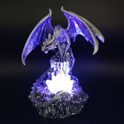 Silver Dragon Guarding Faux Crystal Light Statue with LED Glow - Fantasy Home Decor