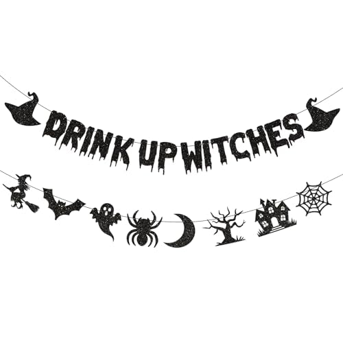 Halloween Witch Banner Garland - 2Pcs Glitter Black Witch Party Decorations with Variation: Black