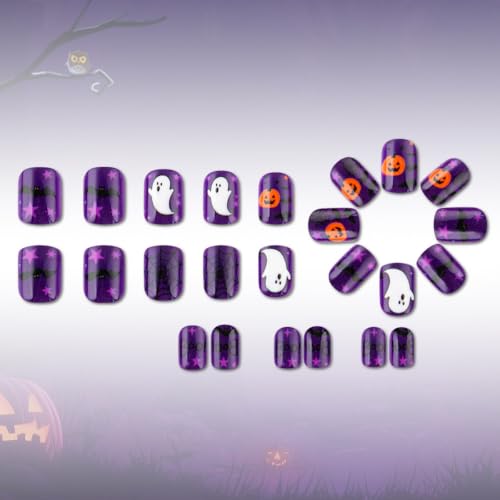 Halloween Short Square Press On Nails Set - Black Purple Ghost Pumpkin Bat Style85