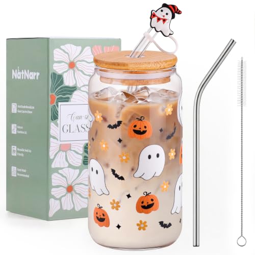 Halloween Ghost Glass Cup with Lid & Straw - Spooky Pumpkin Design - 16oz - Halloween Variation
