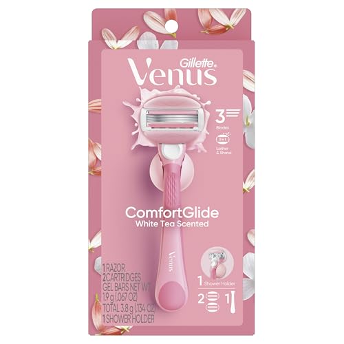 Gillette Venus ComfortGlide Razor for Women, White Tea Scented Gel Bars, Includes 1 Reusable Razor Handle + 2 Refills, Built-in Shave Gel Bars, Holiday Gifts for Women
