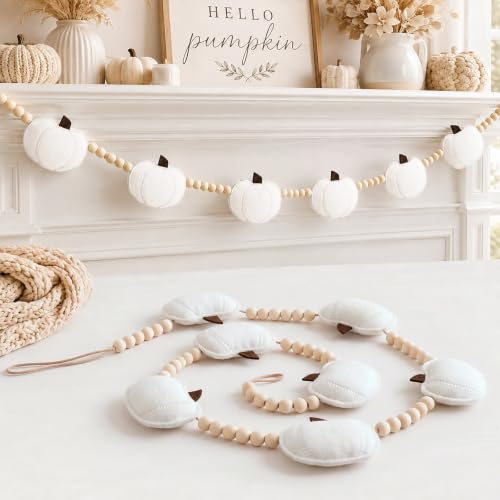 Felt Pumpkin Garland with Wooden Beads - Fall Halloween Decor, Adjustable Length