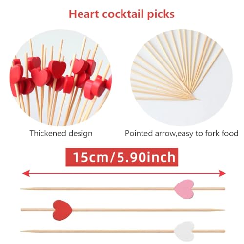 120 Pcs 5.9 Inch Heart-Shaped Bamboo Cocktail Toothpicks - Red, White, Pink, Mixed