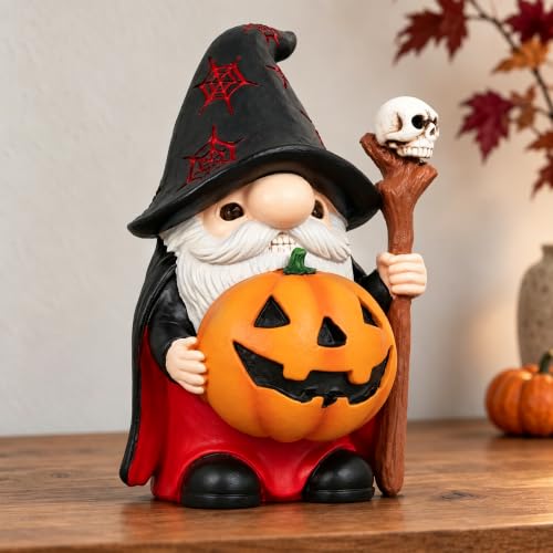Halloween Gnome Figurine Resin Wizard with Skull Staff - Black Variation