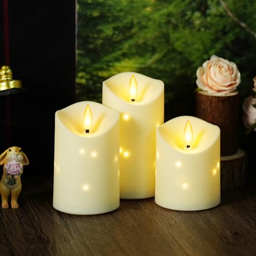 Outdoor Waterproof Flameless Candles Set - 3 LED Pillar Candles with Star String, Remote & Timer - Ivory, D 3.25"xH 4-6"