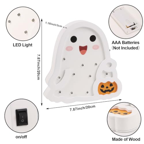 Halloween Wooden Ghost Table Sign - Light Up Decor for Desk, Home, Office - White Variation