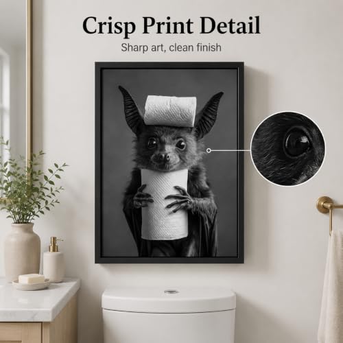 Funny Bat Bathroom Wall Art - Framed 16x12 Inch Toilet Paper Decor, Humorous Animal Restroom Canvas