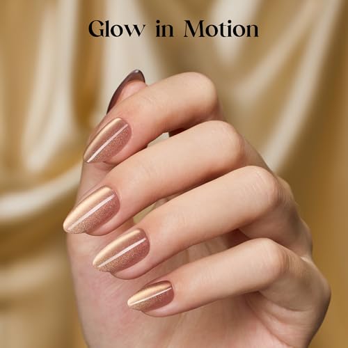 Beetles Gel Polish Short Almond Press On Nails - Motion Luster Glow, Cat Eye Finish