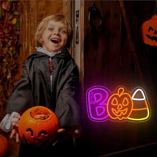 Halloween Neon Sign for Wall Decor BOO Pumpkin Candy Corn LED Sign - Purple, Green, Orange