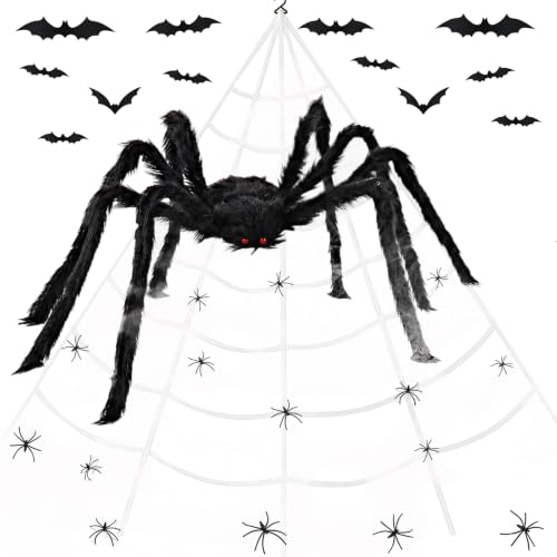 Halloween Giant Spider Decorations Set with Small Spiders and Bat for Yard & Party