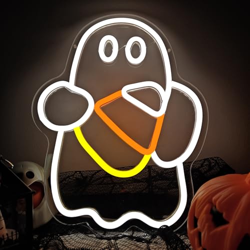 Halloween Neon Sign Dimmable Candy Corn Ghost Wall Decor - White Yellow Variation