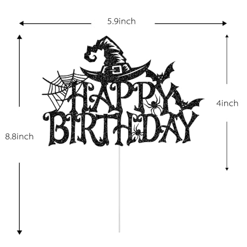 Halloween Birthday Cake Topper Witch Bat Spider Glitter Decor - Black