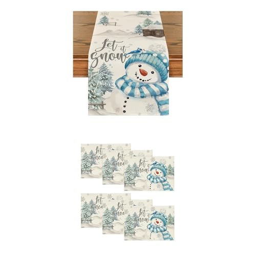 Christmas Table Mat Set with Table Runner - Snowman Snowflake Holiday Decor, 6 Pieces
