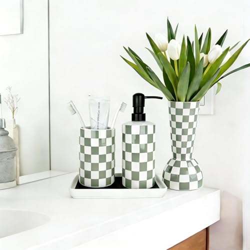 Sage Green Checkered Vase - Modern Ceramic Flower Vase for Home Decor & Centerpieces