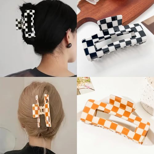 Checkered Rectangle Hair Claw Clips - Large Acrylic Multicolored Barrettes, Strong Hold, Non-Slip, Pattern D