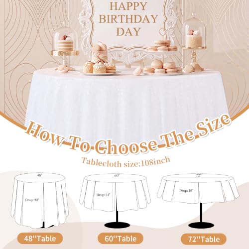 QueenDream White Sequin Round Tablecloth 108 Inch for Party & Wedding - Glitter Sparkle