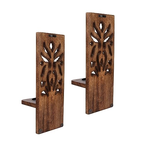 Burnt Wood Wall Sconces Set of 2 - Rustic Carved Pillar Candle Holders, 16 Inch, Farmhouse Style