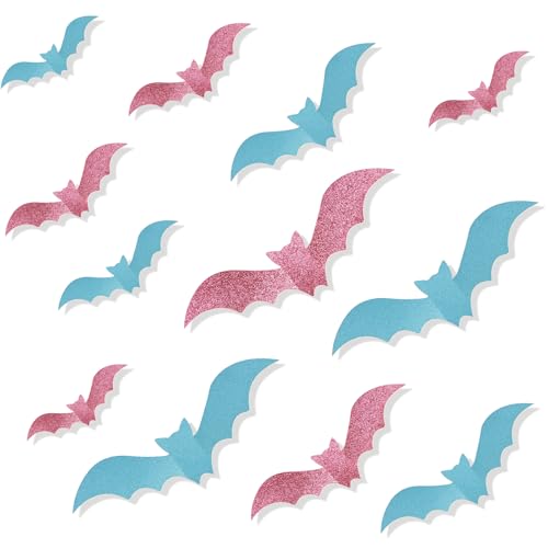 Halloween 3D Glitter Paper Bat Wall Decorations - Pink & Blue, 48 Pcs, 4 Sizes