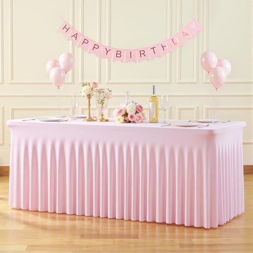 Pink Spandex Rectangle Tablecloth 6ft Pack - Elastic Fitted Cover with Skirt, 72x30 Inches, Pink