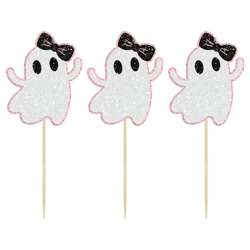 Pink Glitter Ghost Cupcake Toppers Halloween Party Decorations 24 Pack