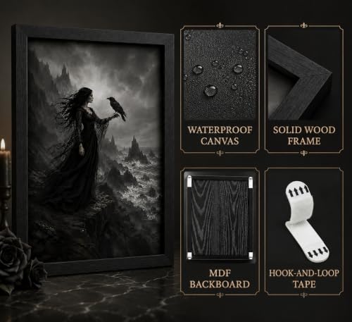 Moody Gothic Witch and Crow Wall Art - Framed Halloween Seaside Cliff Decor 10x8