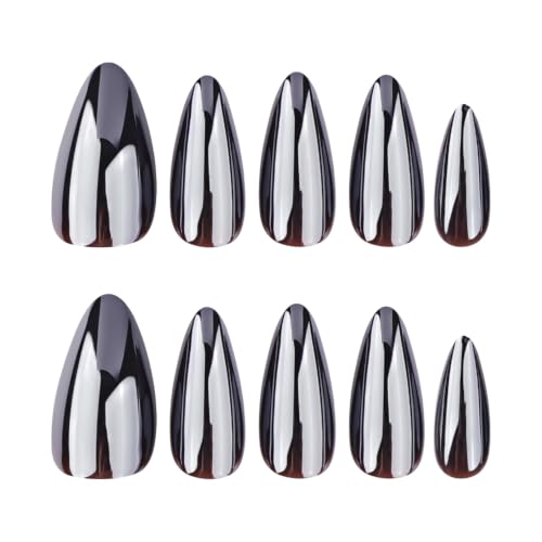 Chrome Almond Press On Nails - Medium Length Fake Nails with Glossy Black Finish & USPs