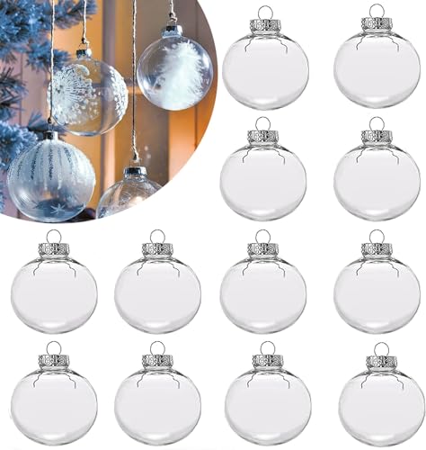 12 Pcs Clear DIY Fillable Christmas Ornaments 60mm Plastic Baubles for Holiday Decor