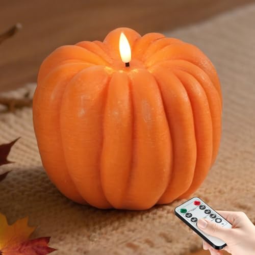 Orange Flameless Pumpkin Candle with Timer - LED Fall Decor for Mantel & Table Setting