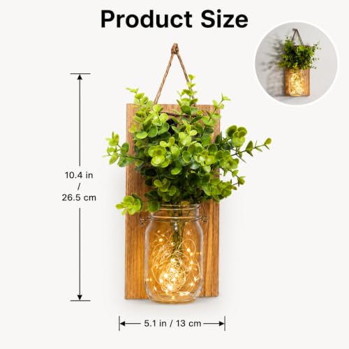 2-Pack Rustic Mason Jar Wall Sconces with LED Fairy Lights & Green Plants