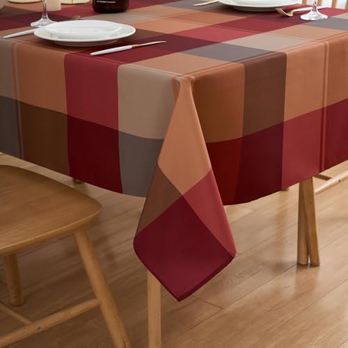 Red Brown Harvest Plaid Rectangular Table Cloth 60 x 102 Inch Waterproof Polyester