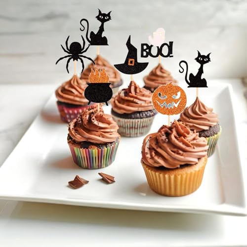 Halloween Cupcake Toppers 24PCS Ghost Pumpkin Cat Witch Cap Spider - Colorful