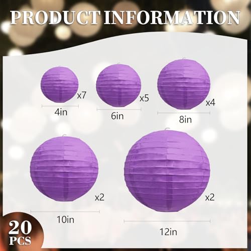 Purple Paper Lanterns Set - 20 Pieces, 4-12 Inch Hanging Decor for Parties & Events
