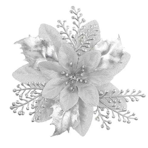 Silver Glitter Poinsettia Christmas Tree Decorations - 24 Pack, 6 Inch Holiday Ornaments with Clips