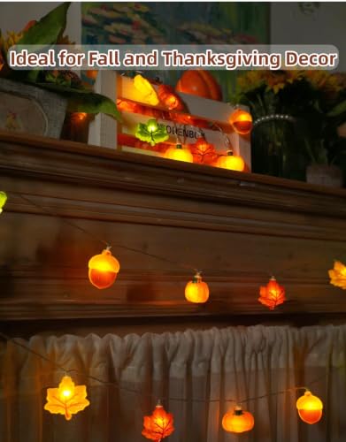 Fall Lights Battery Operated 3D Maple Leaves Pumpkins Acorns 10FT 20LED 8 Modes - Autumn Decor
