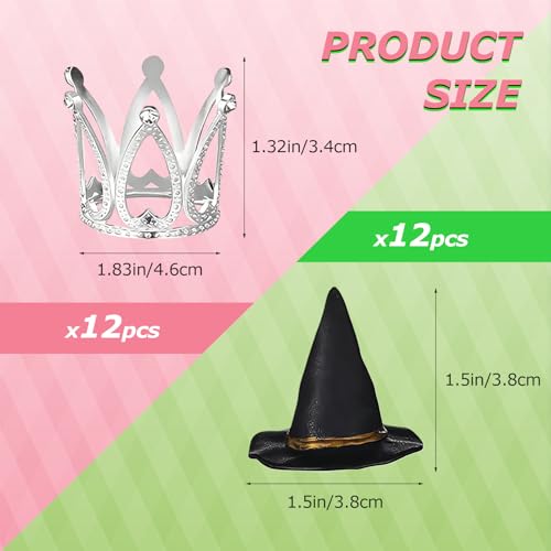24 Pcs Witch Hat & Silver Crown Cake Toppers for Halloween & Princess Parties
